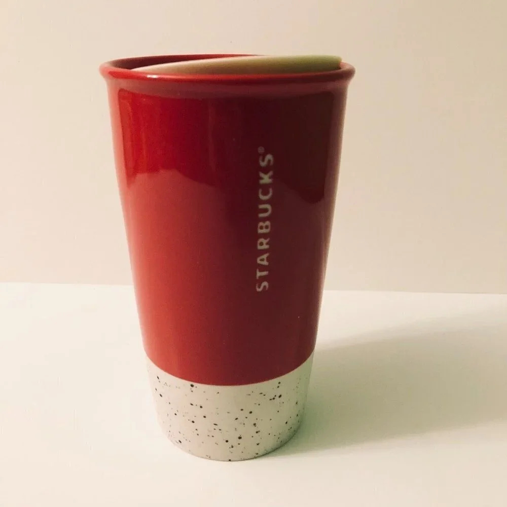 Starbucks Red Joyful Ceramic Tumbler Travel Mug Cup 12 oz Limited Edition